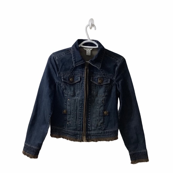 CAbi Jackets & Coats Cabi Fringe Tweed Trim Zip Up Jean Jacket